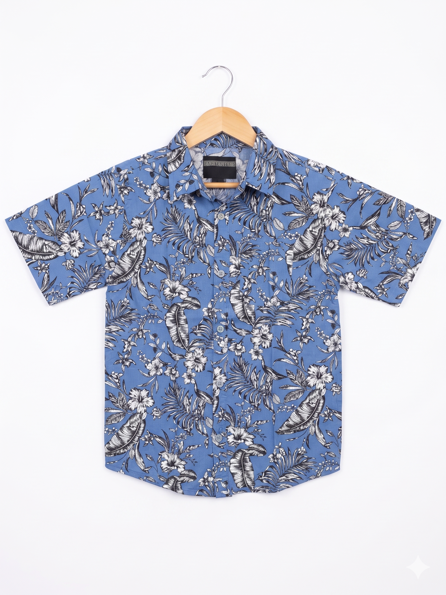 Encrypted Boys Periwinkle Blue "Tropical Hibiscus & Fern" Short Sleeve Button-Down - Size Estimated Age 12 AB1