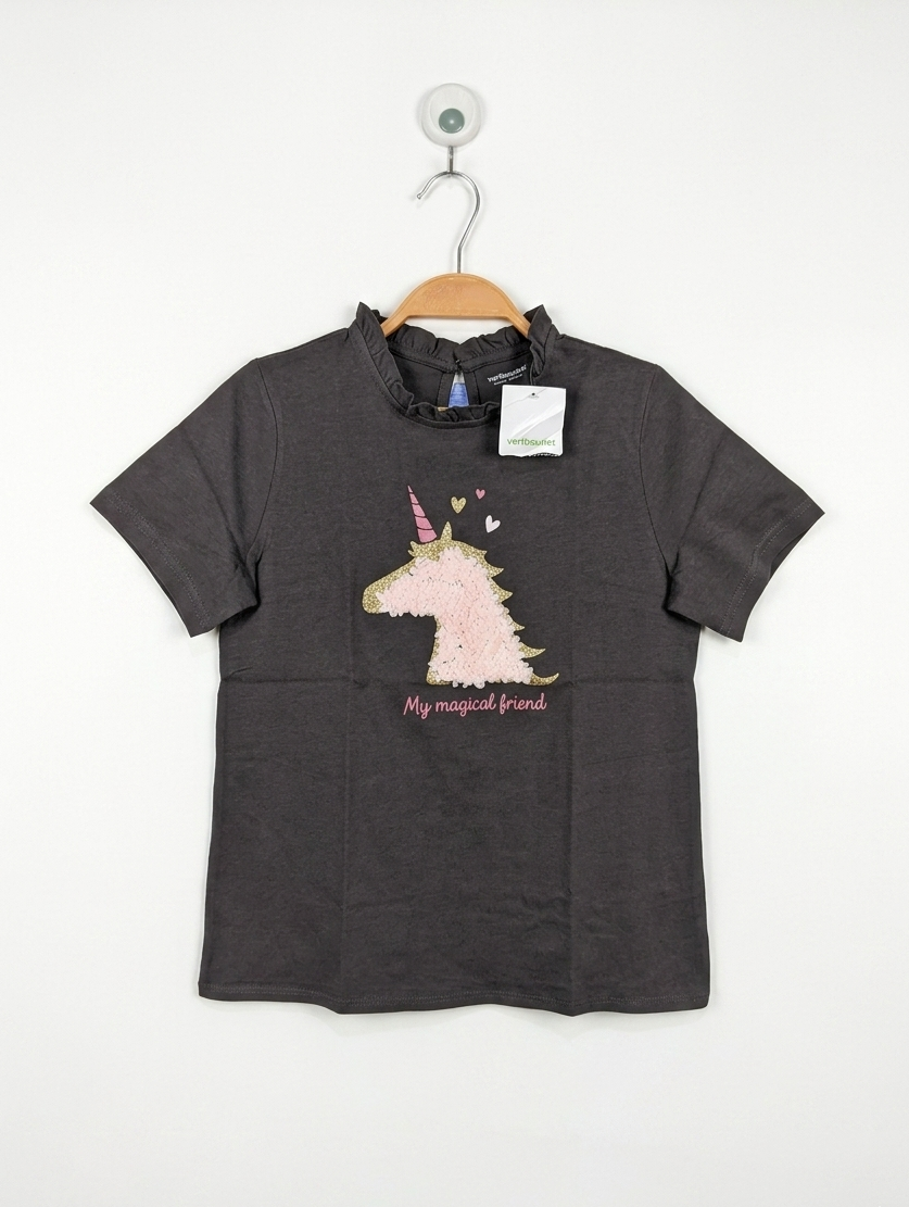 Vertbaudet Girls Charcoal "Magical Unicorn" Ruffle-Neck Tee - Size Estimated Age 12 Years AB2