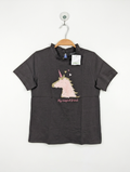Vertbaudet Girls Charcoal "Magical Unicorn" Ruffle-Neck Tee - Size Estimated Age 12 Years AB2