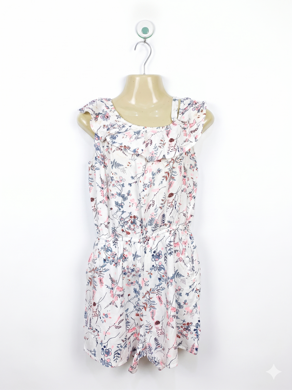 H&M Girls White Whimsical Wildflower & Woodland Print Ruffled Romper - Size 152 (Estimated Age 11-12 Years) AB1