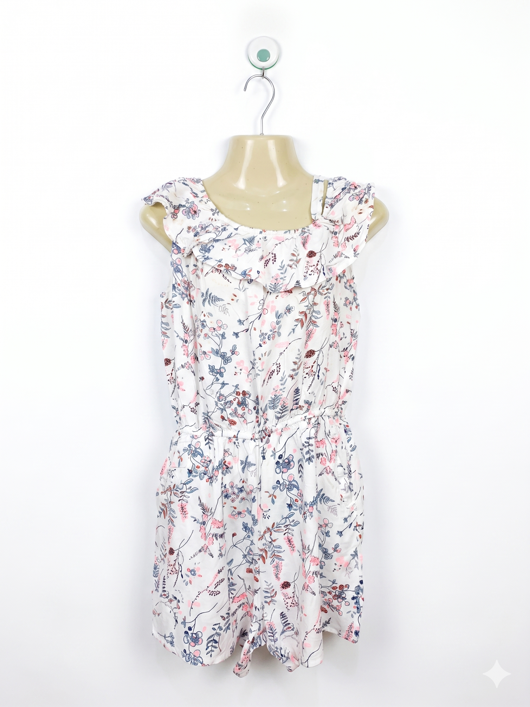 H&M Girls White Whimsical Wildflower & Woodland Print Ruffled Romper - Size 152 (Estimated Age 11-12 Years) AB1