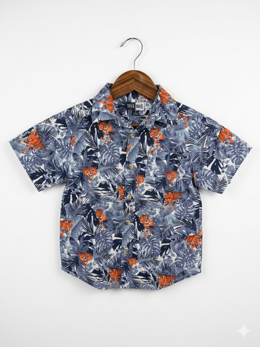 Mick Mack LTD Boys' Blue Tiger Jungle Print Button-Down Shirt - Size 4 Years AB1