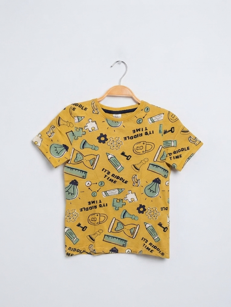 Little Kids Boys Yellow "It's Riddle Time" Graphic T-Shirt - Size 128cm, Estimated Age 7-8 Years AB2