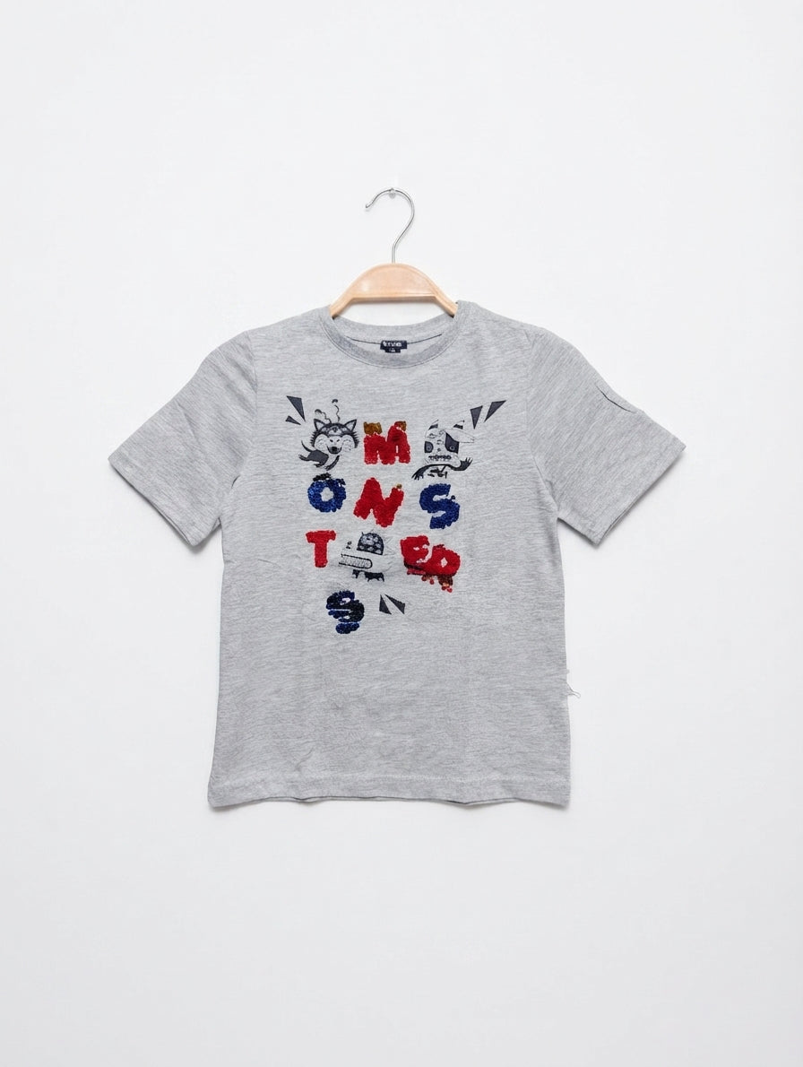 Kiabi Boys Heather Grey "Monster" Graphic Short Sleeve Tee - Size 8A (126-131 CM) Estimated Age 8 Years AB2