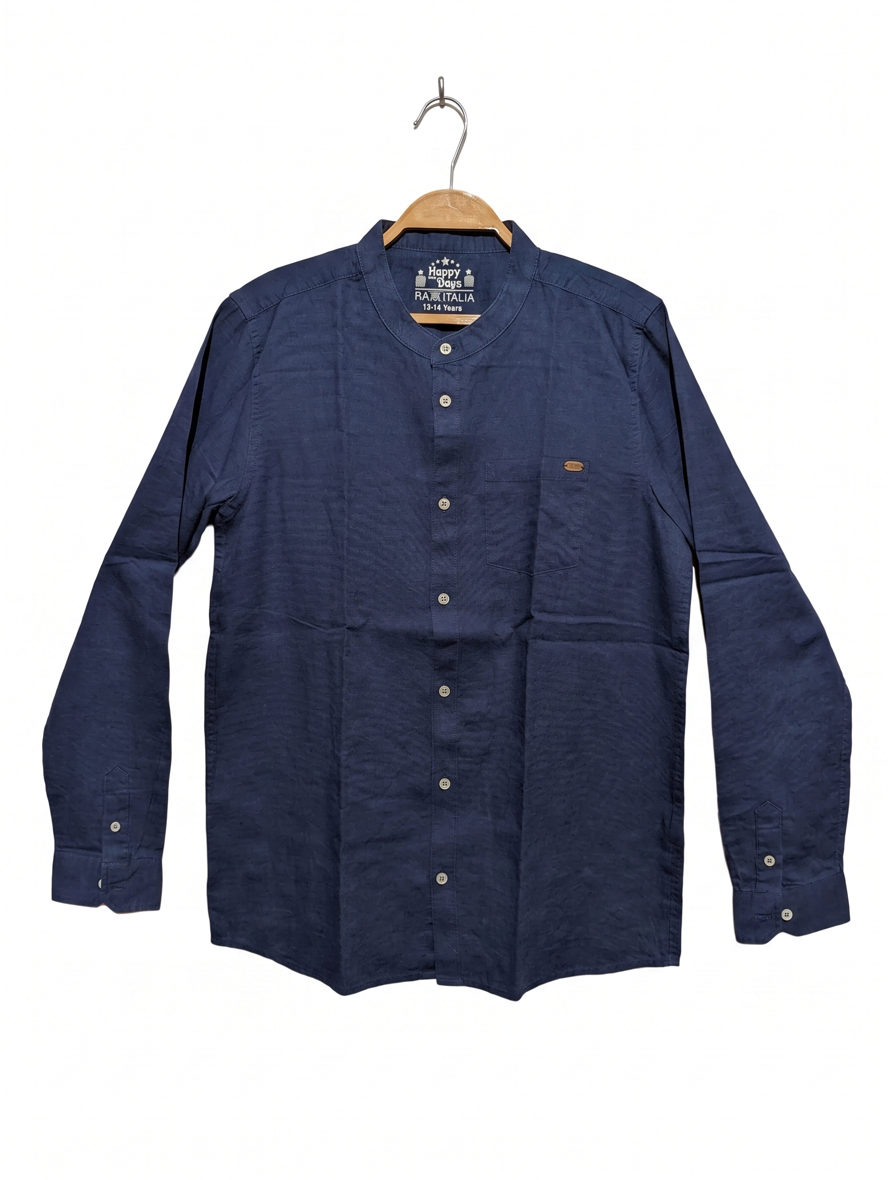 Piazza Italia Boys Navy Blue Mandarin Collar Long Sleeve Shirt - Size Estimated Age 13-14 Years AB1