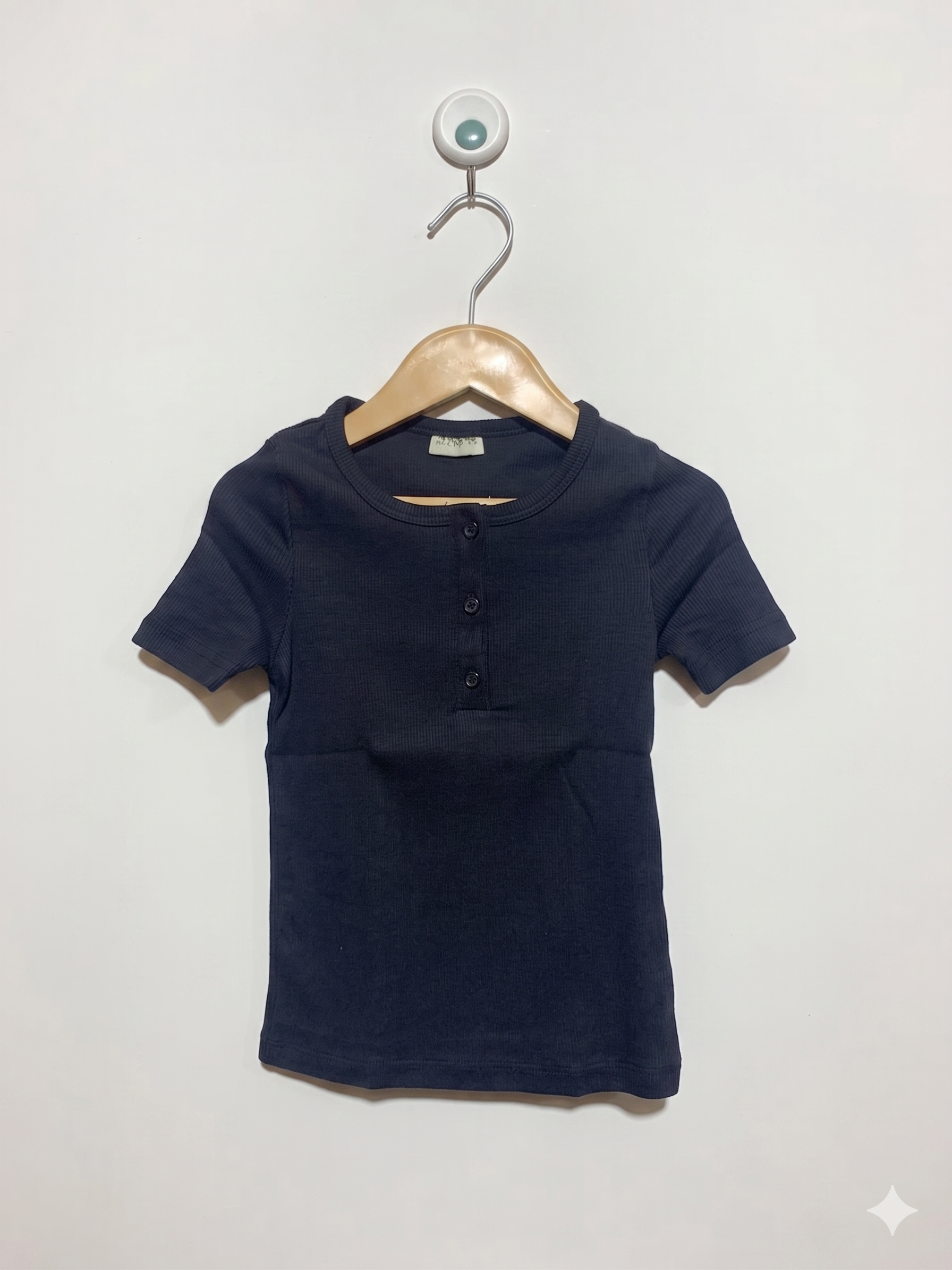 F&F Girls' Black Ribbed Henley Short Sleeve Top - Size 6-7 Yrs Estimated Age 6-7 Years AB1