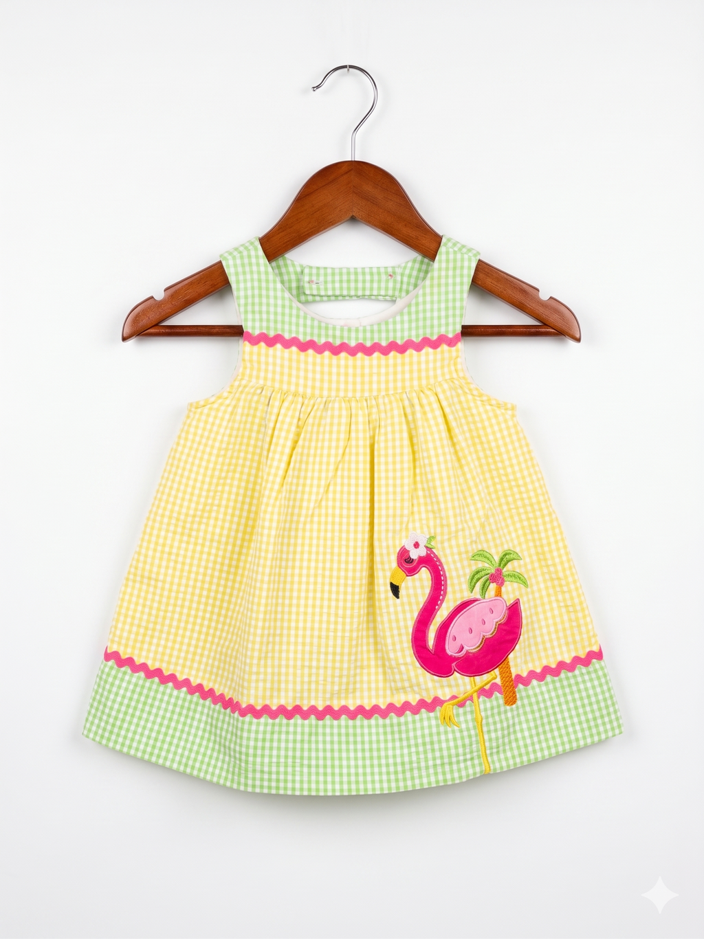 Emily Rose Baby Girls Yellow & Green Gingham Flamingo Dress - Size 12M (Estimated 1 Year Old) AB1