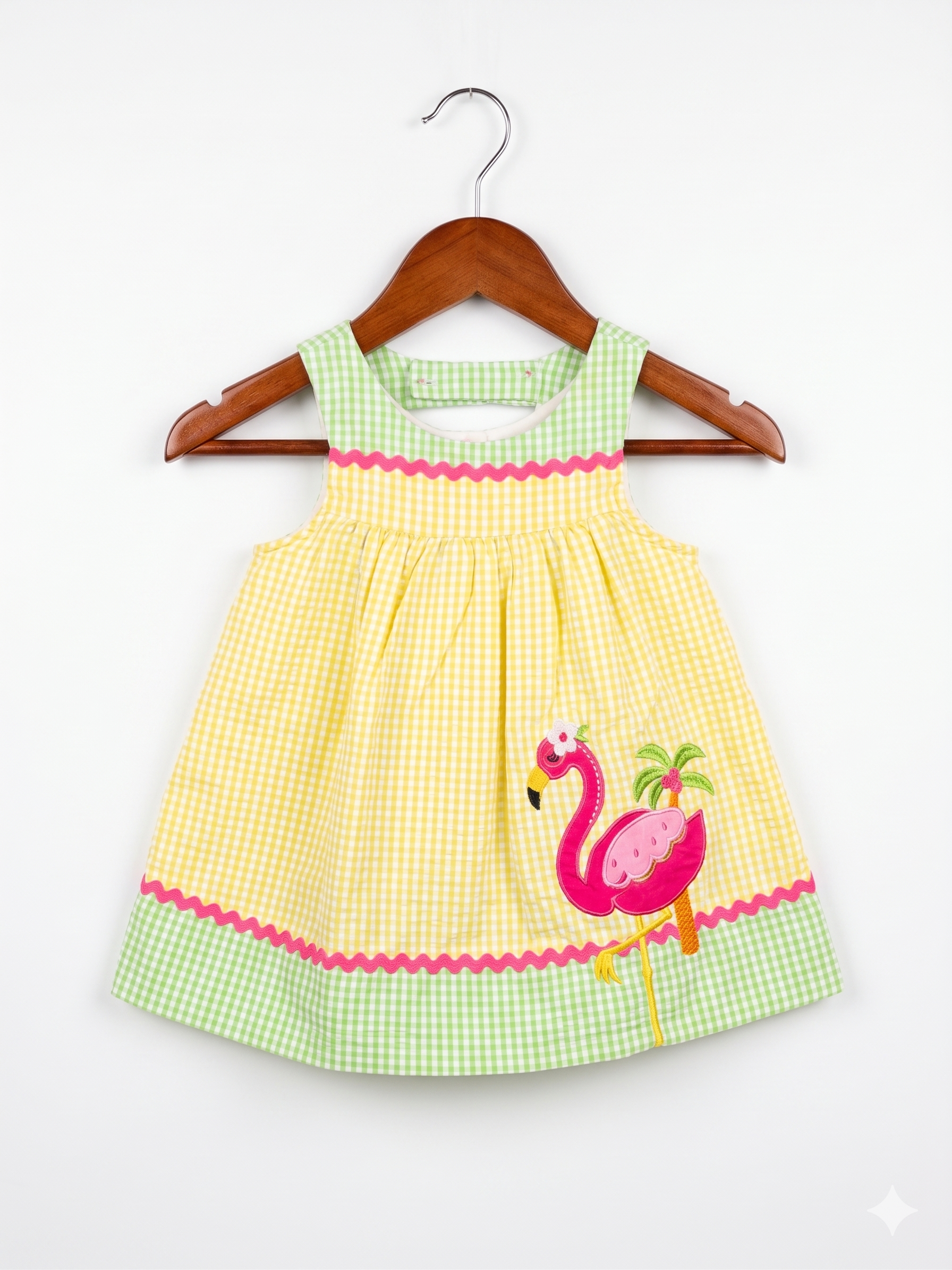 Emily Rose Baby Girls Yellow & Green Gingham Flamingo Dress - Size 12M (Estimated 1 Year Old) AB1
