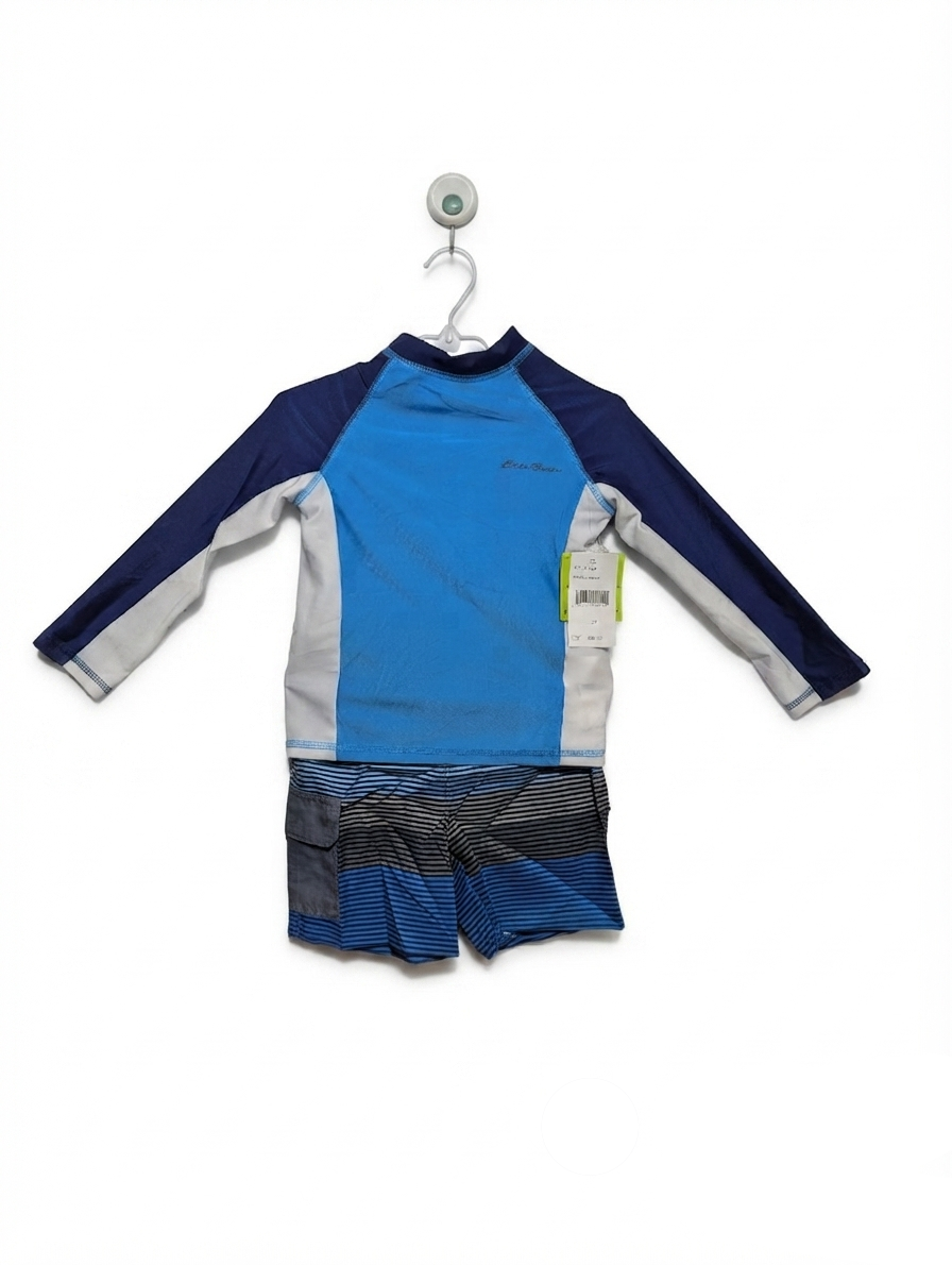 Eddie Bauer Kids Boys Blue & White Long-Sleeve Rash Guard & Boardshorts Swim Set - Size Estimated Age 2T AB2