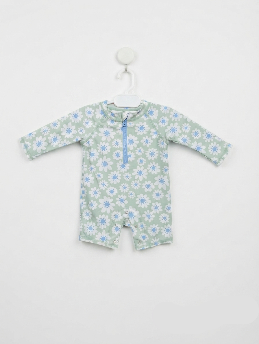 Wonder Nation Baby Girls Sage Green Floral Print Long Sleeve Rash Guard Swimsuit - Size Estimated Age 0-3 Months AB2