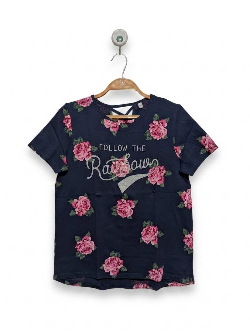 C&A Girls Navy Blue Floral "Follow The Rainbow" Graphic Tee - Size Estimated Age 10-12 Years AB2