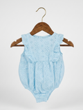 5.10.15 baby clothes, blue eyelet romper, infant embroidered bodysuit, 3 months baby girl outfit, designer polish baby brand, bubble romper for babies, summer eyelet lace romper, Tiny Thrift Store premium collection.