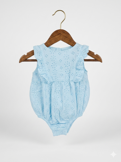 5.10.15 baby clothes, blue eyelet romper, infant embroidered bodysuit, 3 months baby girl outfit, designer polish baby brand, bubble romper for babies, summer eyelet lace romper, Tiny Thrift Store premium collection.