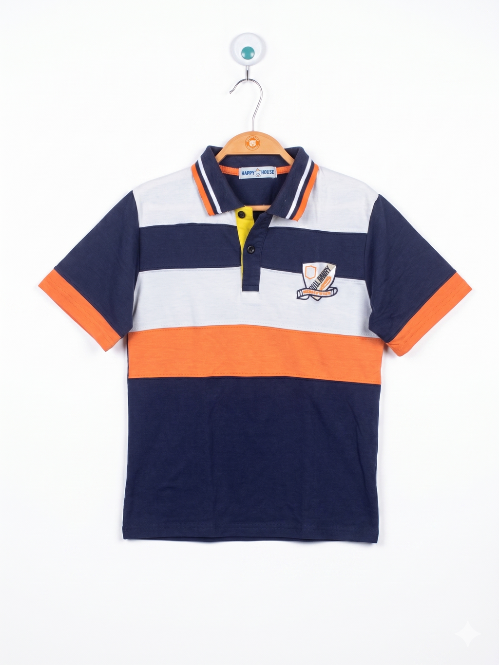 Happy House Boys Navy & Orange Striped Colorblock Polo - Size Estimated Age 12 Years AB1
