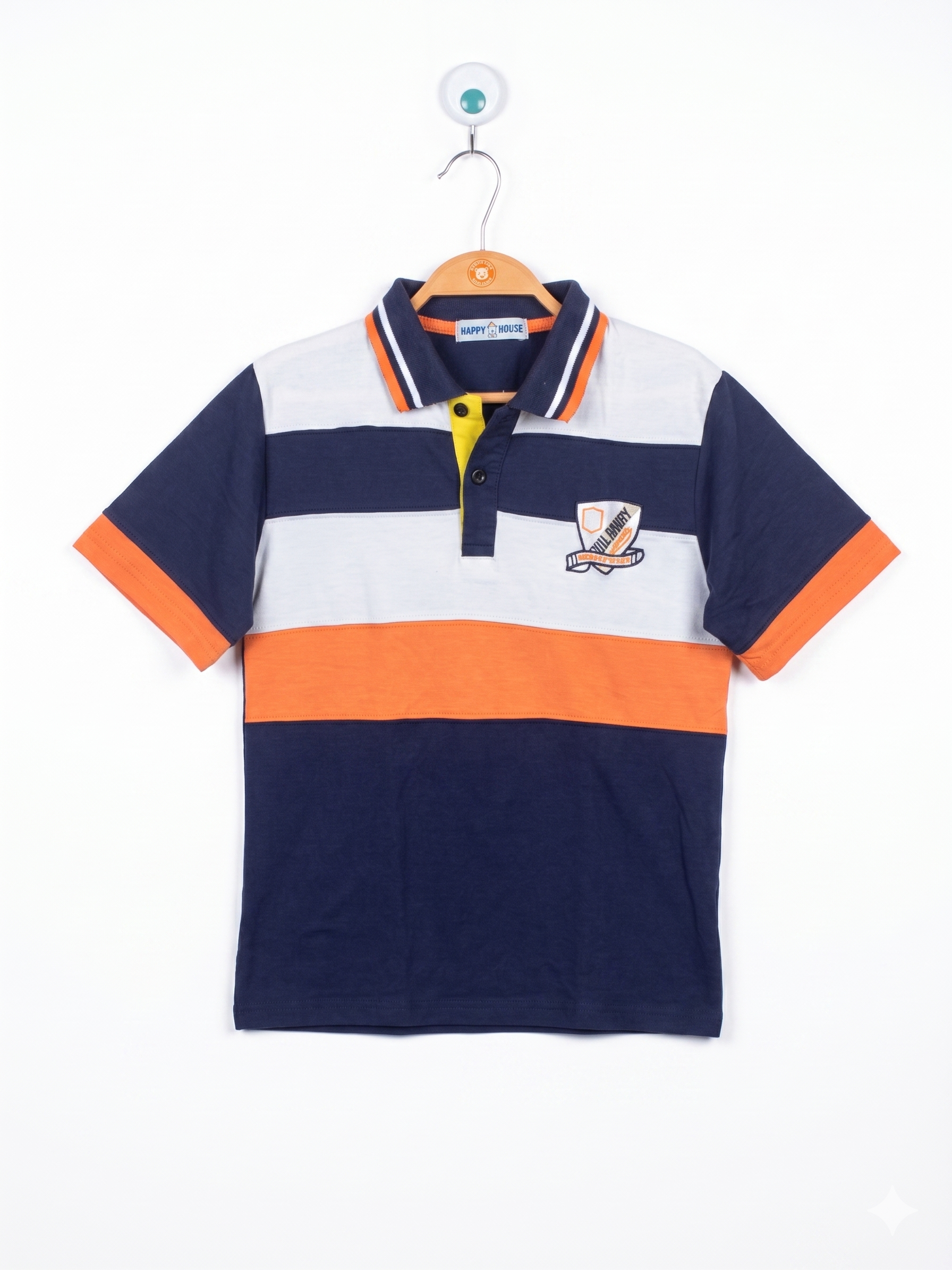 Happy House Boys Navy & Orange Striped Colorblock Polo - Size Estimated Age 12 Years AB1