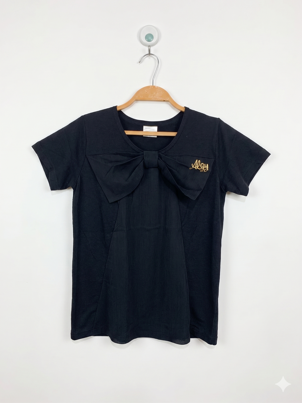ALGY Girls Jet Black Big Front Bow Statement Tee - Size 150 CM Estimated Age 10-12 Years AB1