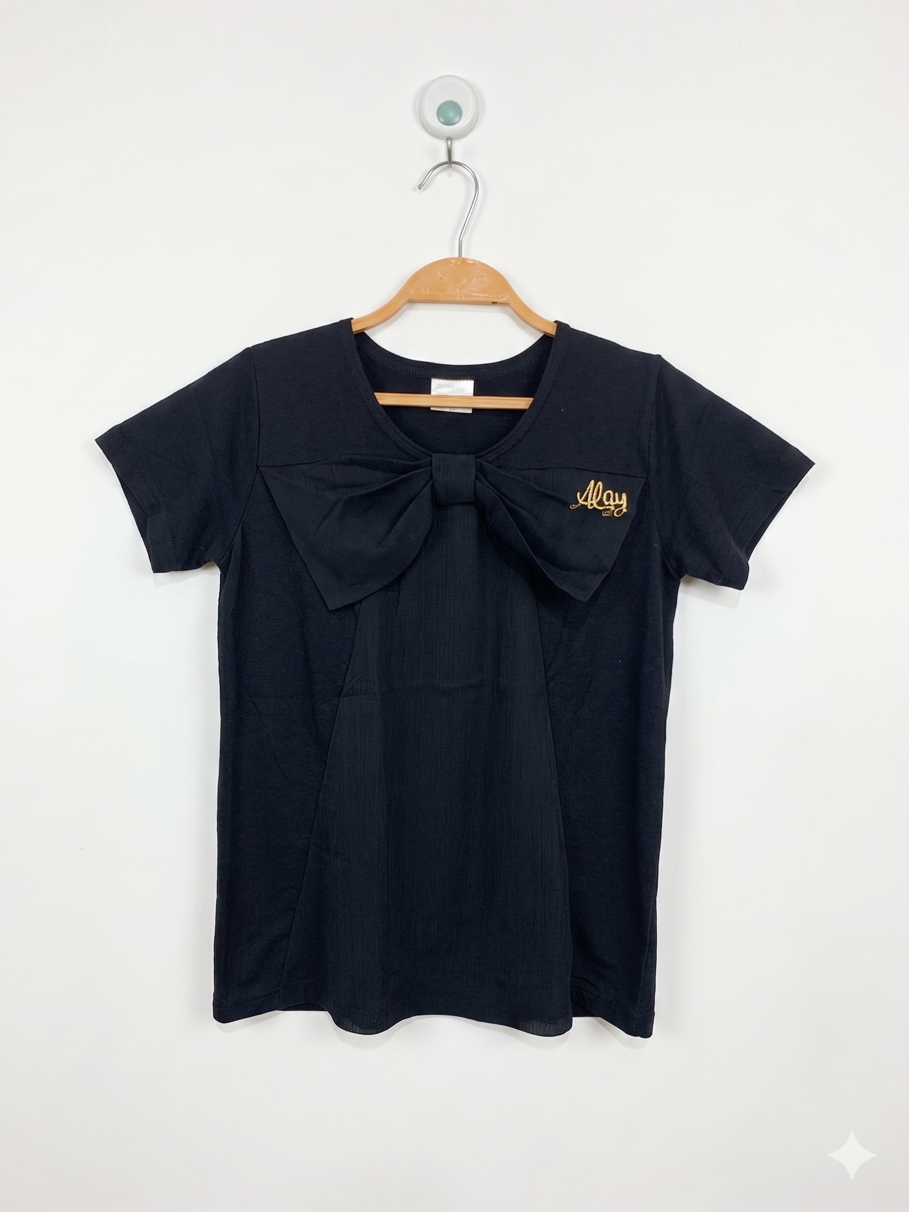 ALGY Girls Jet Black Big Front Bow Statement Tee - Size 150 CM Estimated Age 10-12 Years AB1