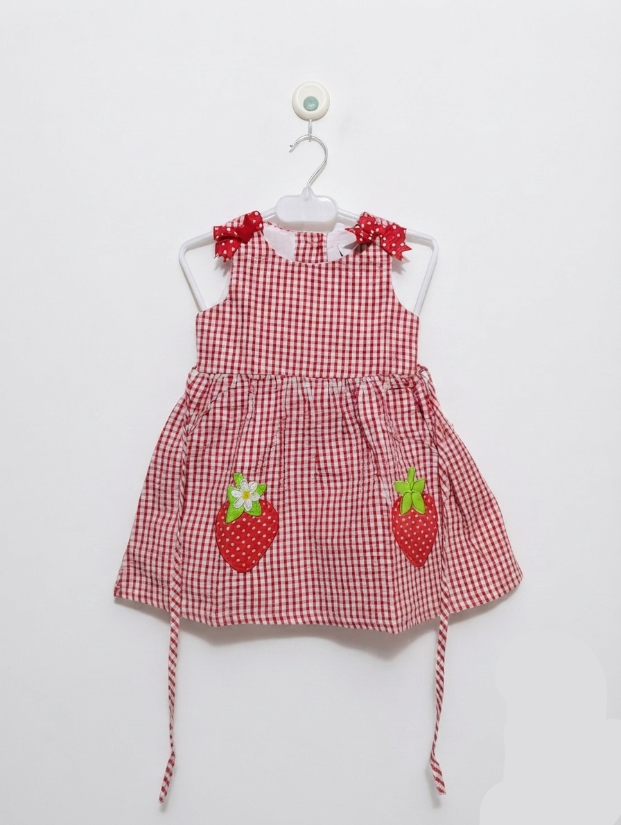 Rare Editions Girls Red & White Gingham "Strawberry" Sundress - Size Estimated Age 12 Months AB2