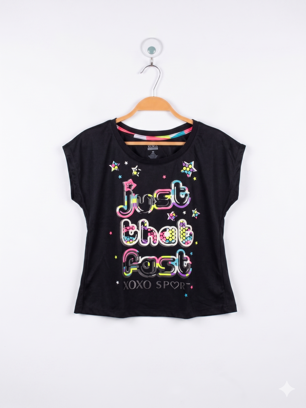 XOXO Sport Girls Black "Just That Fast" Activewear Cross-Back Tee - Size Estimated Age 10-12 Years AB1