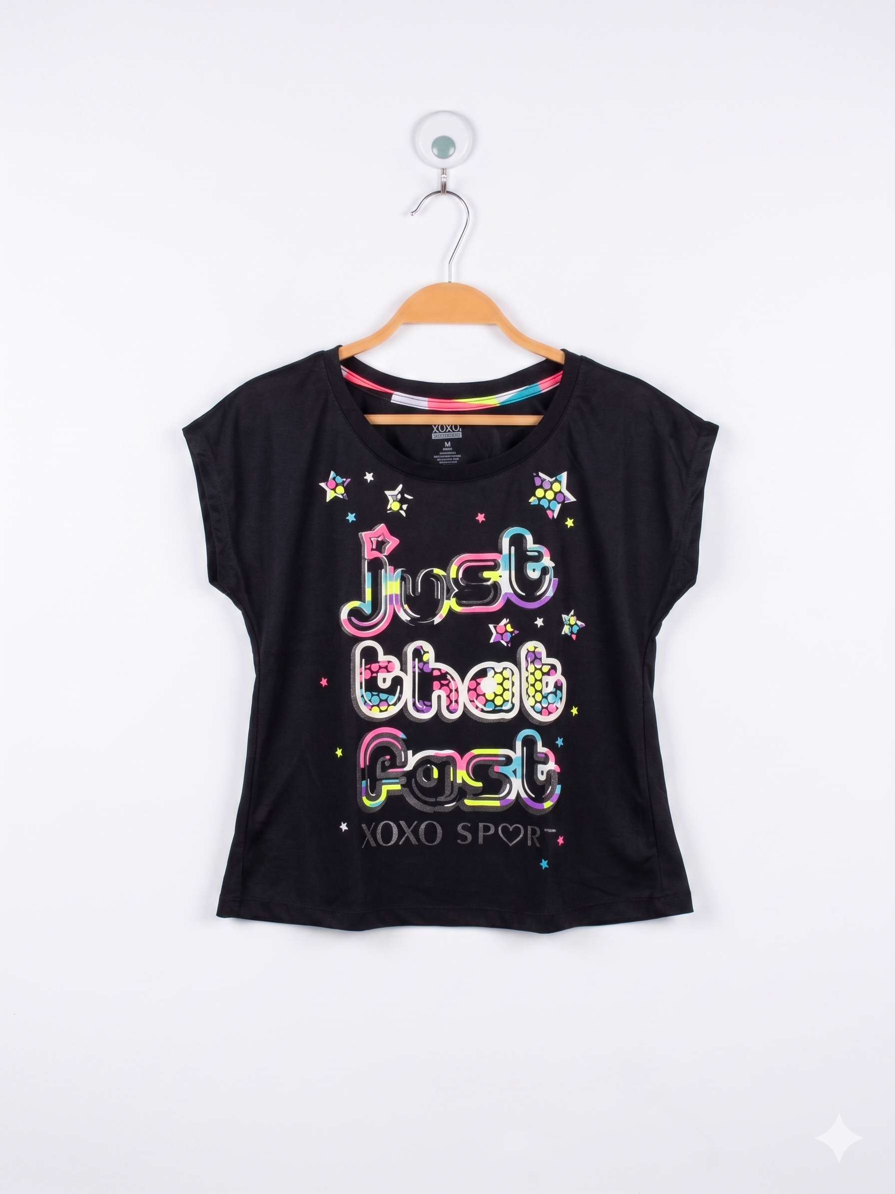 XOXO Sport Girls Black "Just That Fast" Activewear Cross-Back Tee - Size Estimated Age 10-12 Years AB1
