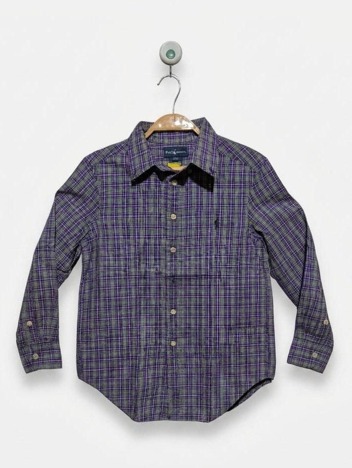 RALPH LAUREN Boys Purple and Green Plaid Long Sleeve Button-Down Shirt - Size S (8), Estimated Age 7-8 Years AB2
