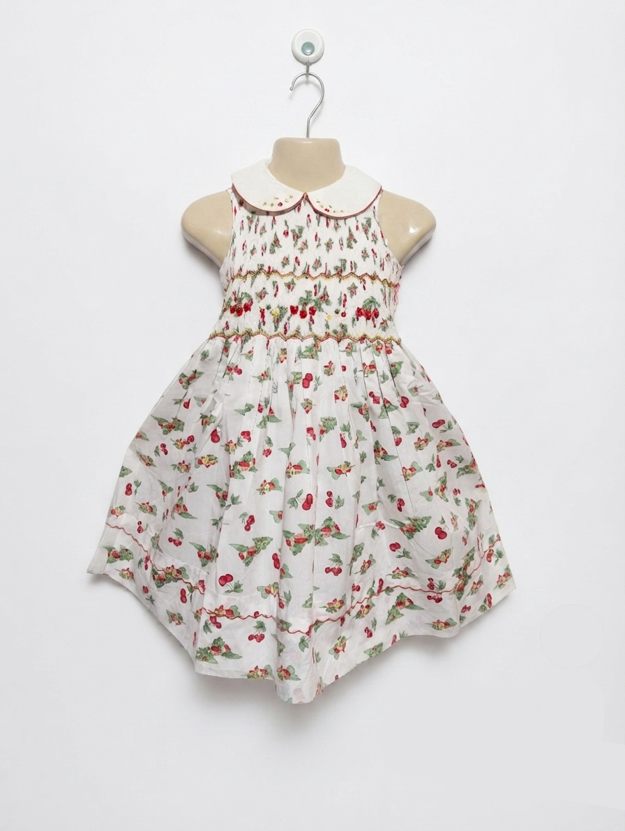 Sarah Louise Girls White Cherry Print Hand Smocked Dress - Size 5 Years Estimated Age 5 Years AB2