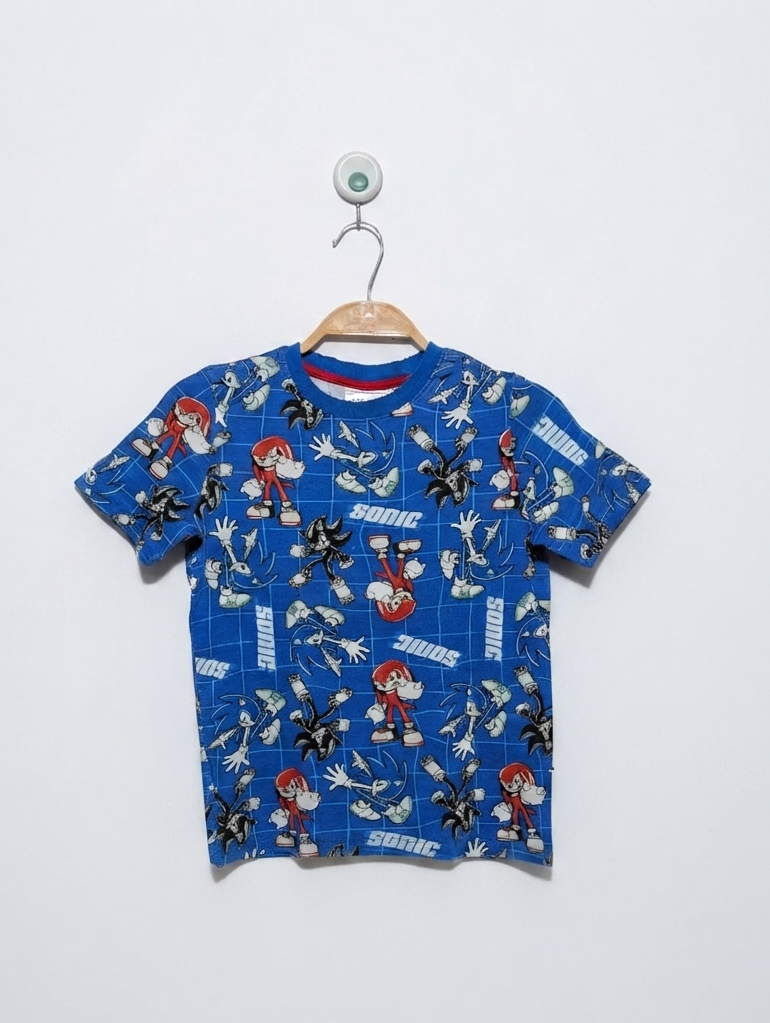 H&M Boys Blue "Sonic the Hedgehog" All-Over Print Tee - Size Estimated Age 6-8 Years AB2