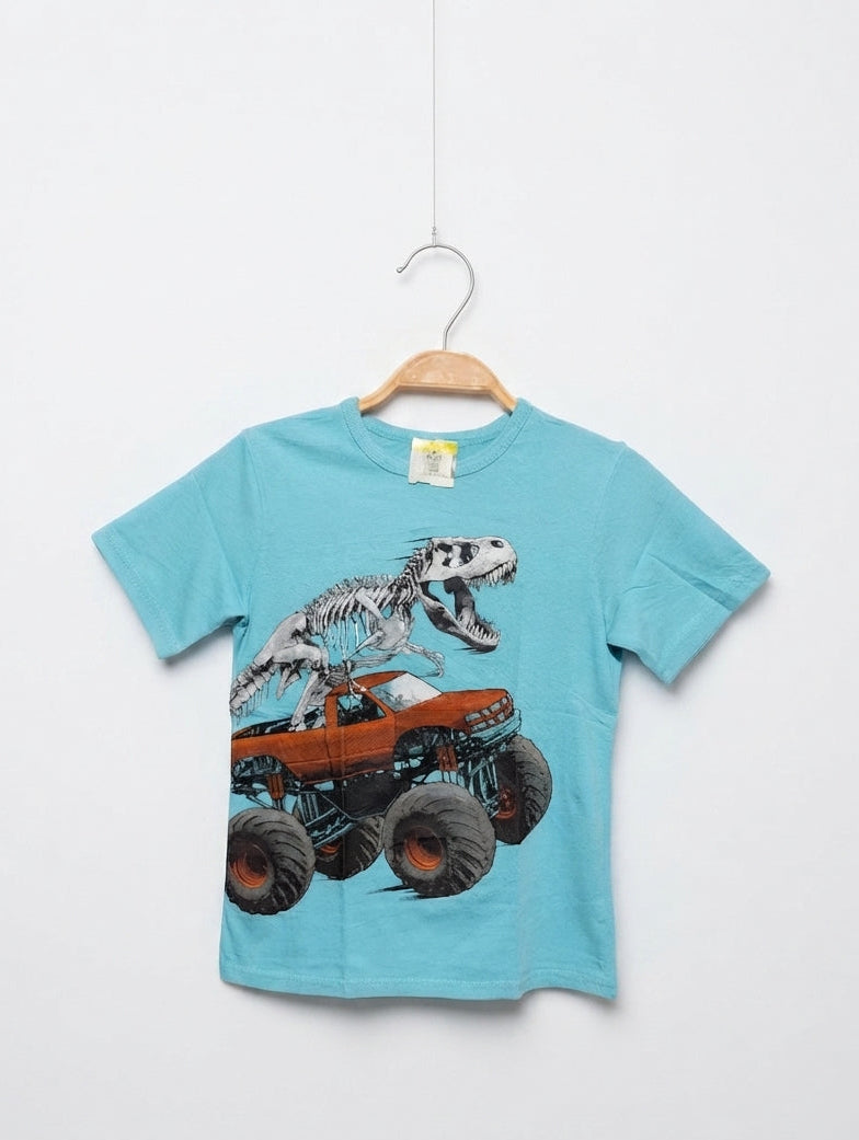 The Children's Place Boys Turquoise "Dinosaur Monster Truck" Graphic Tee - Size S (5/6) Estimated Age 5-6 Years AB2