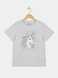 Primark Girls Heather Grey "Rainbow Power" Unicorn Graphic Tee - Size Estimated Age 8-9 Years AB1