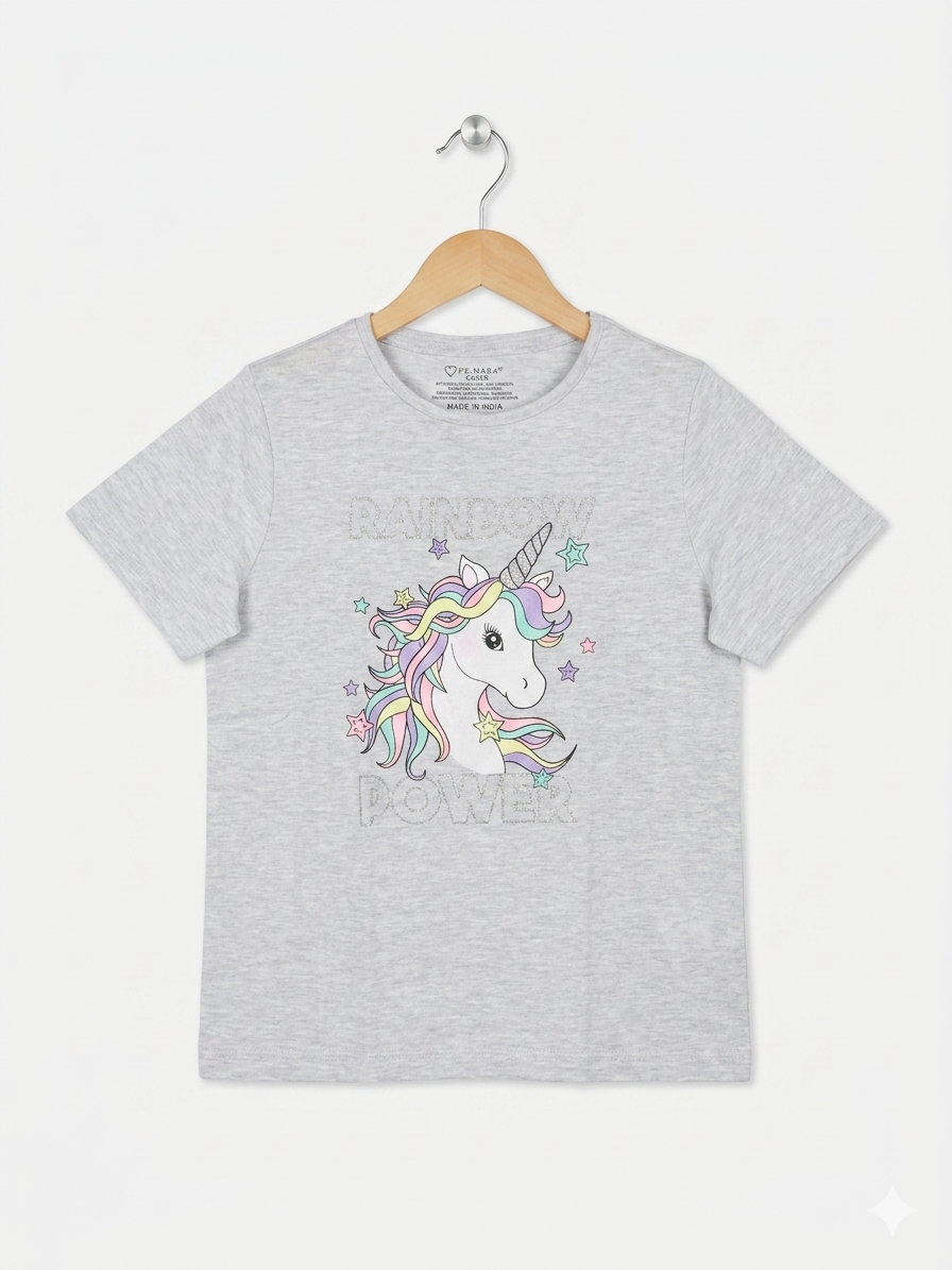 Primark Girls Heather Grey "Rainbow Power" Unicorn Graphic Tee - Size Estimated Age 8-9 Years AB1
