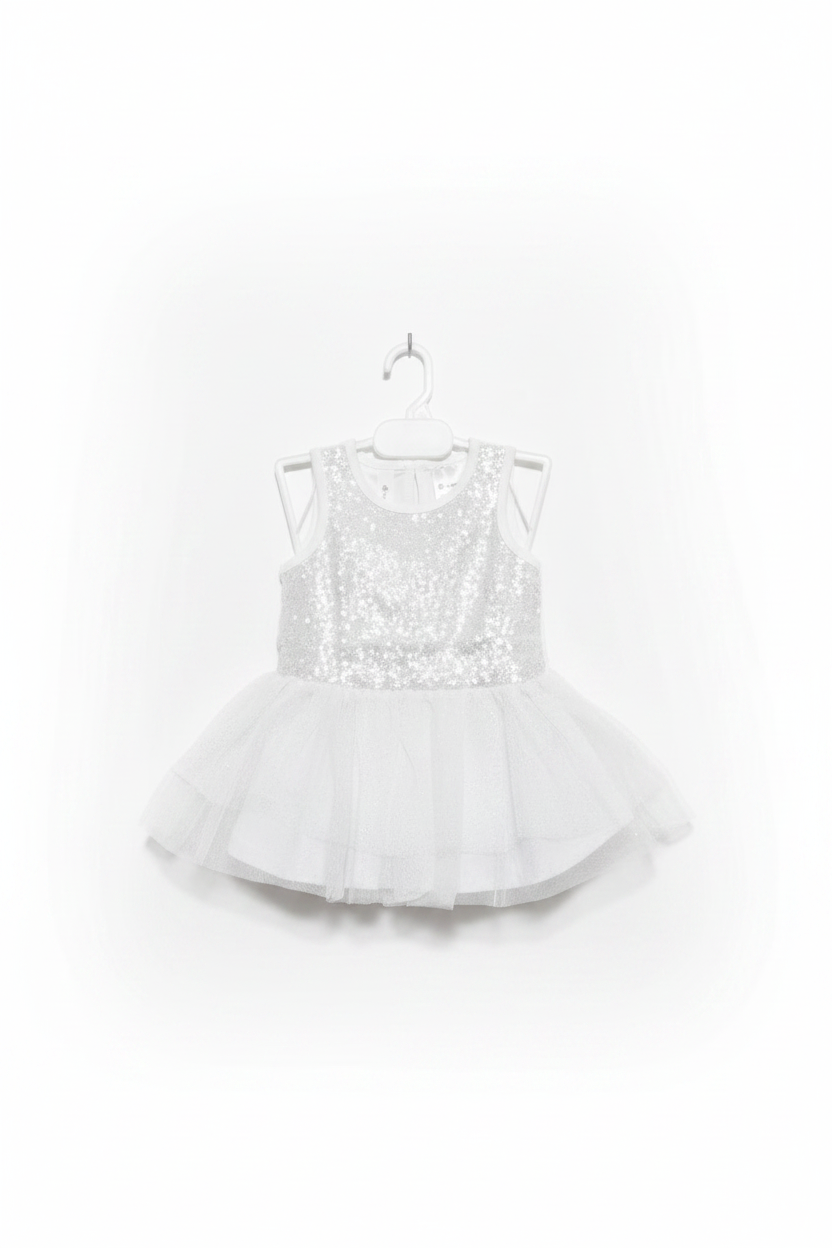 Dymples Baby Girls White Sequin Sparkle Tulle Party Dress - Size Estimated Age 6 Months AB2