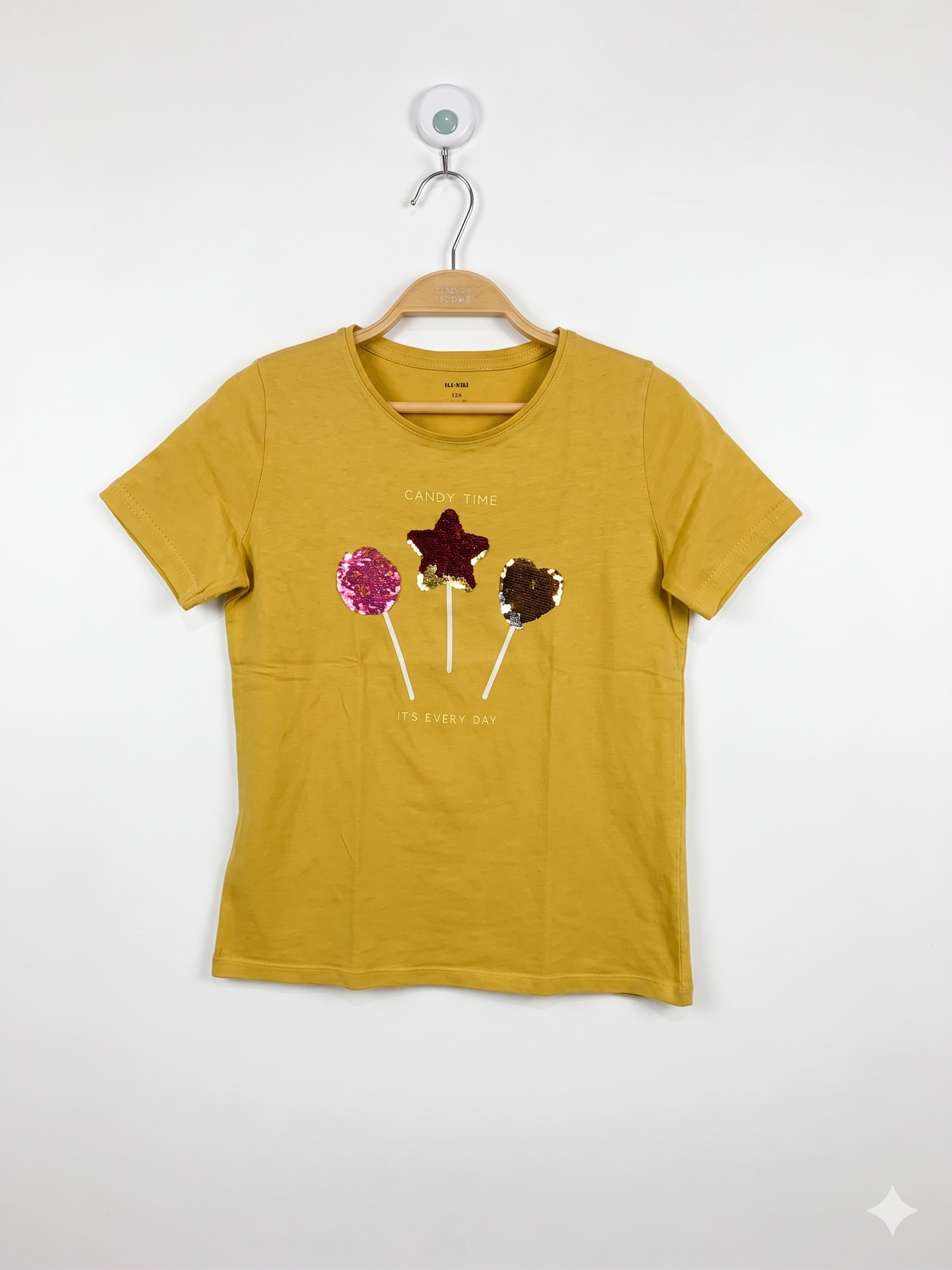 Kiabi Girls Mustard Yellow Sequin "Candy Time" Short Sleeve Tee - Size Estimated Age 12 Years AB1