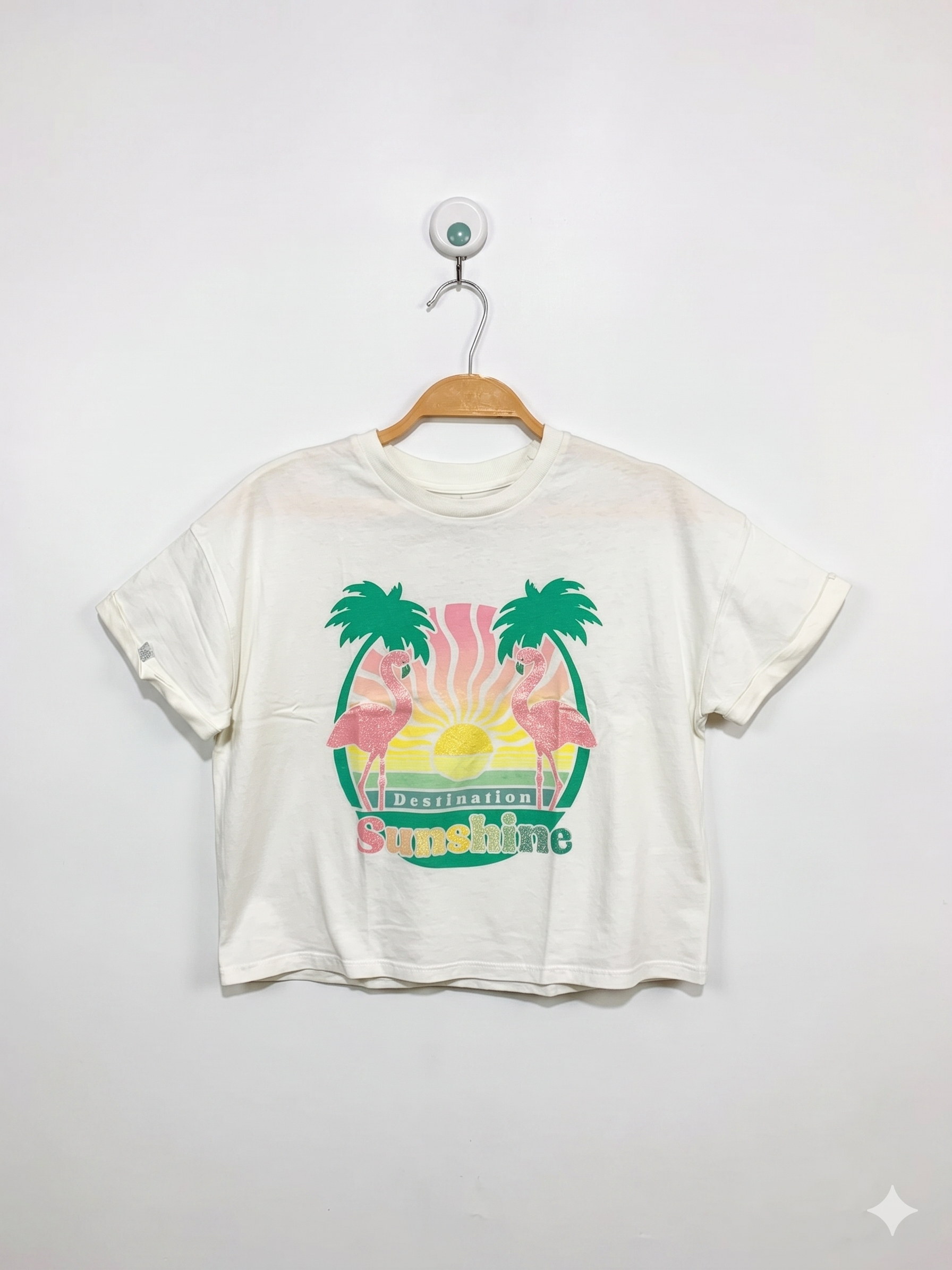 M&S Originals Girls White "Destination Sunshine" Flamingo Crop Tee - Size Estimated Age 10-11 Years AB1