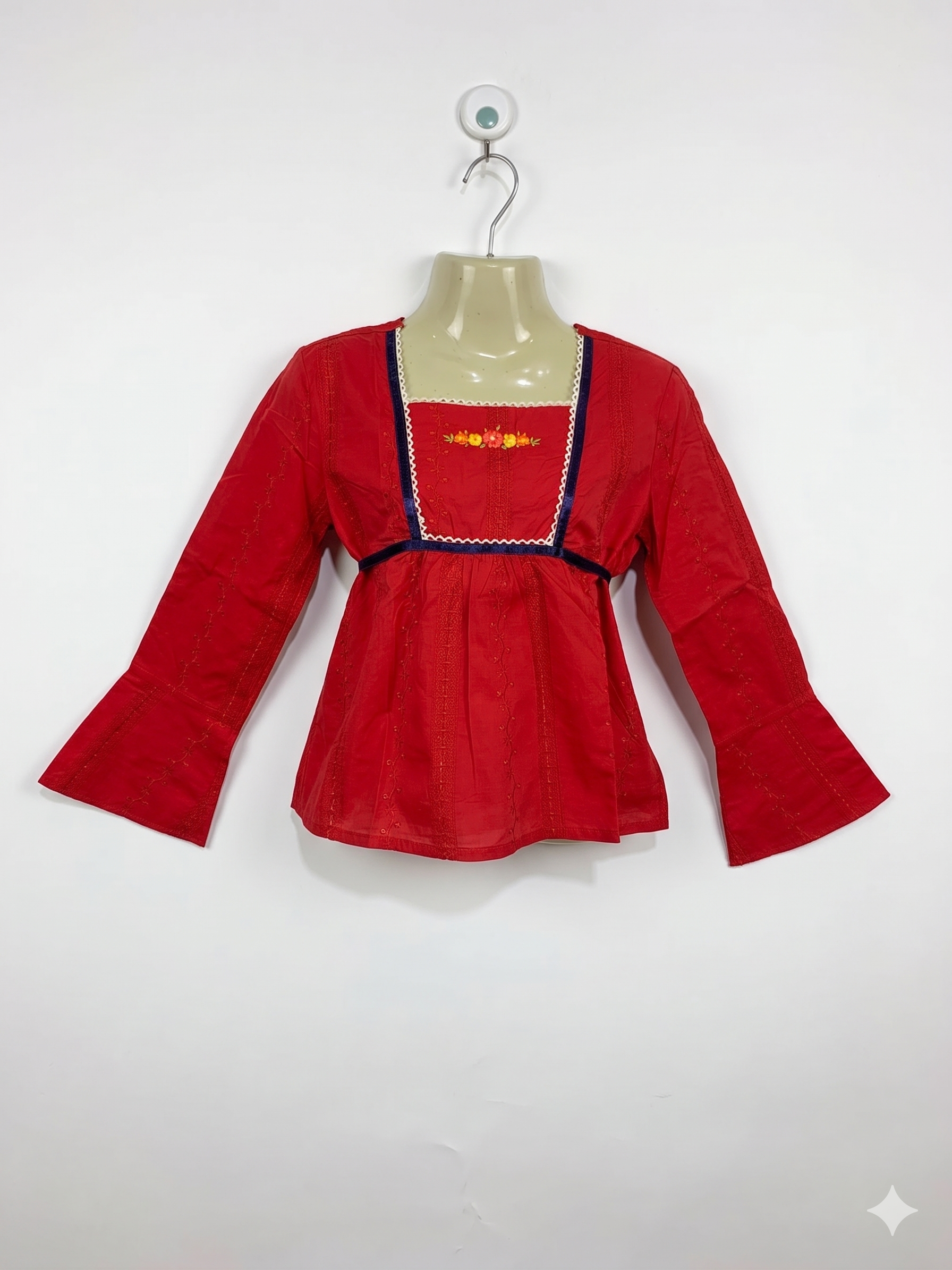 Pogo Club of NY Girls Red Embroidered Boho Bell-Sleeve Blouse - Size M 10/12 AB1