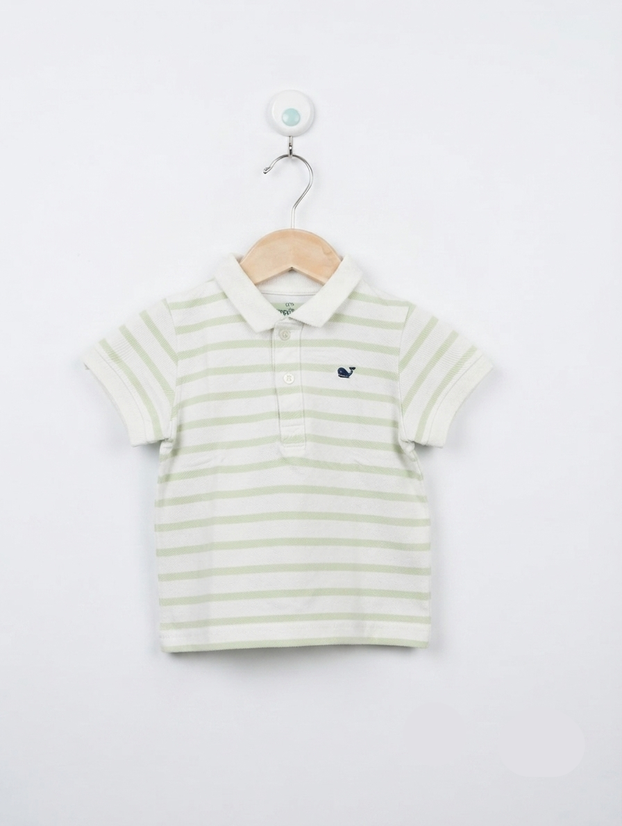 Topomini Boys Sage Green & White Striped Polo Shirt - Size Estimated Age 12M AB2