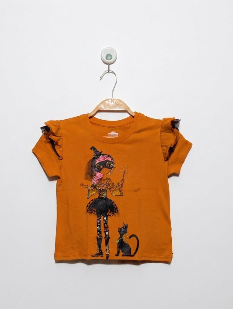 Way to Celebrate! Girls Orange "Halloween Witch" Graphic Tee - Size S (6-6X) (Estimated Age 6 Years) AB2