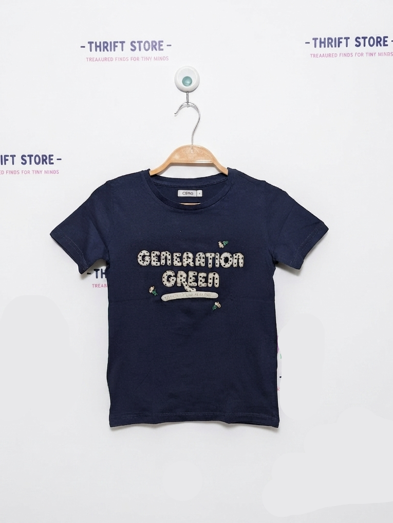 Gémo Girls Navy Blue "Generation Green" Graphic Tee - Size 8 (Estimated Age 8 Years) AB2