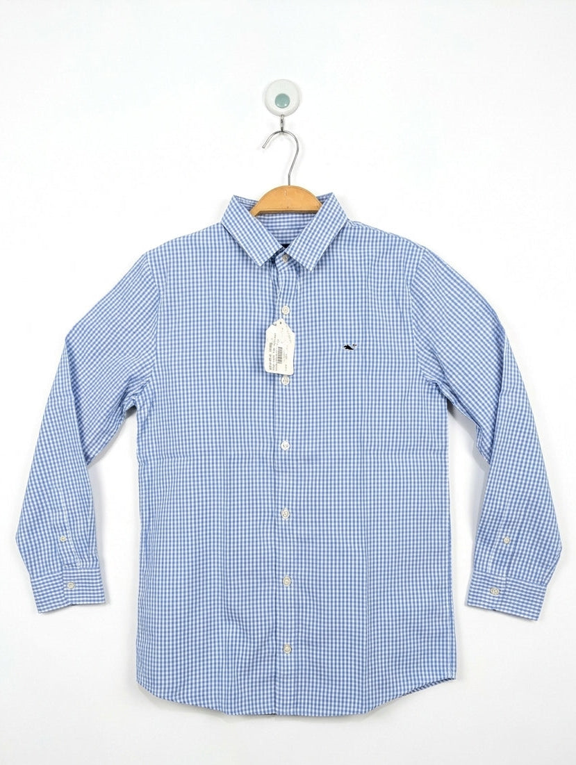 Vineyard Vines Boys Blue & White Gingham "Whale" Button-Down Shirt - Size Estimated Age 11 to 12 Years AB2