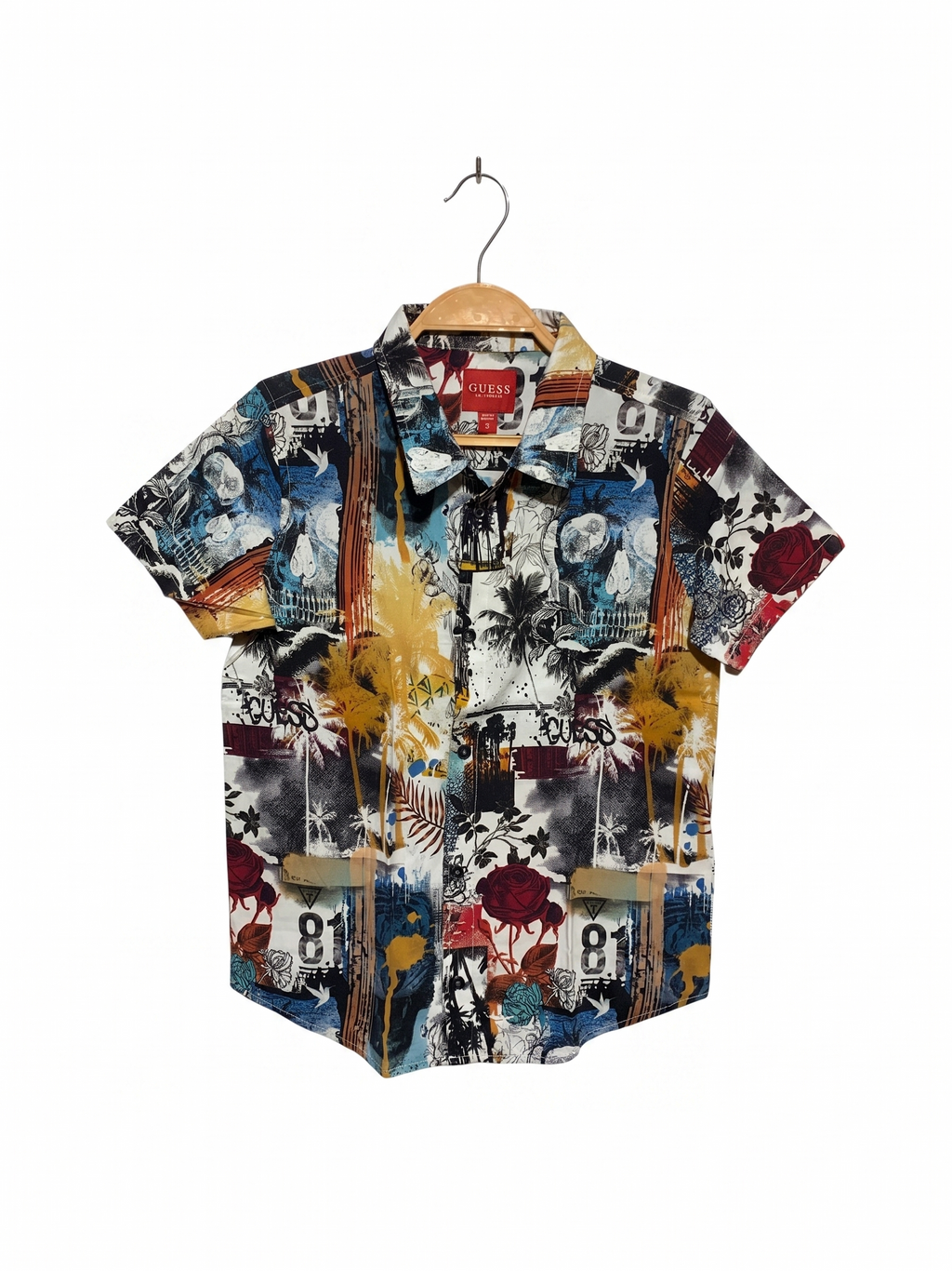 GUESS Boys Multicolor "Street Art & Palm" Graphic Short Sleeve Button-Down Shirt - Size Estimated Age 10 Years AB1