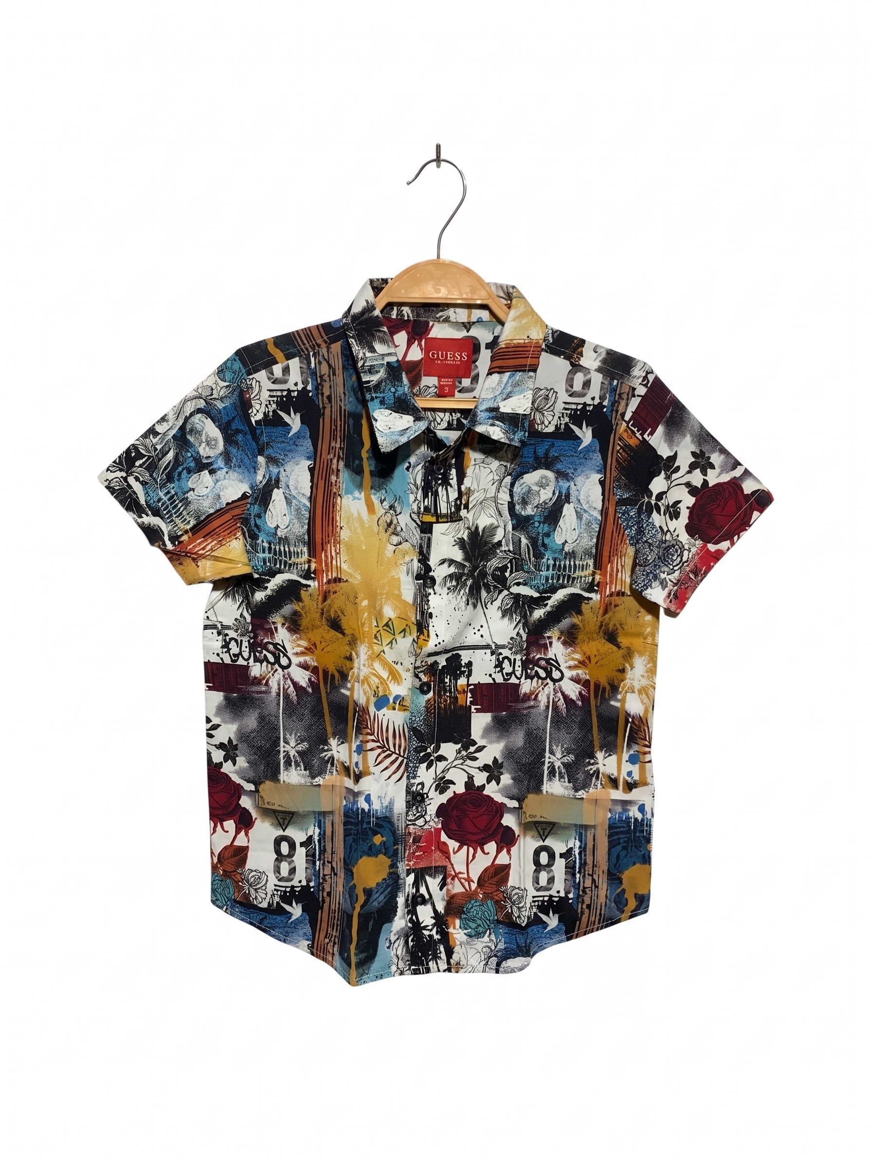 GUESS Boys Multicolor "Street Art & Palm" Graphic Short Sleeve Button-Down Shirt - Size Estimated Age 10 Years AB1