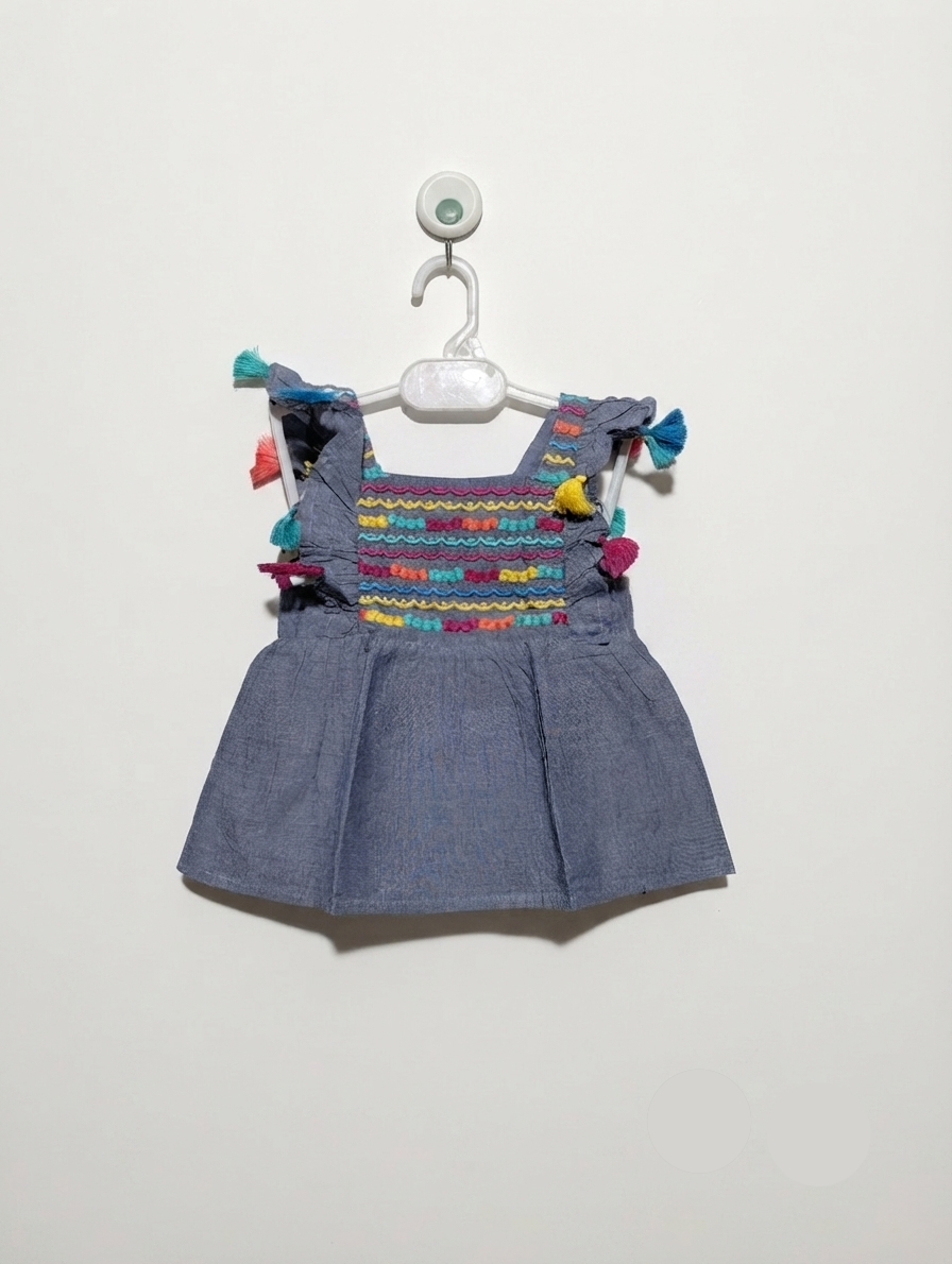 Cat & Jack Girls Blue Chambray Embroidered Tassel Peplum Top - Size Estimated Age 18 Months AB2