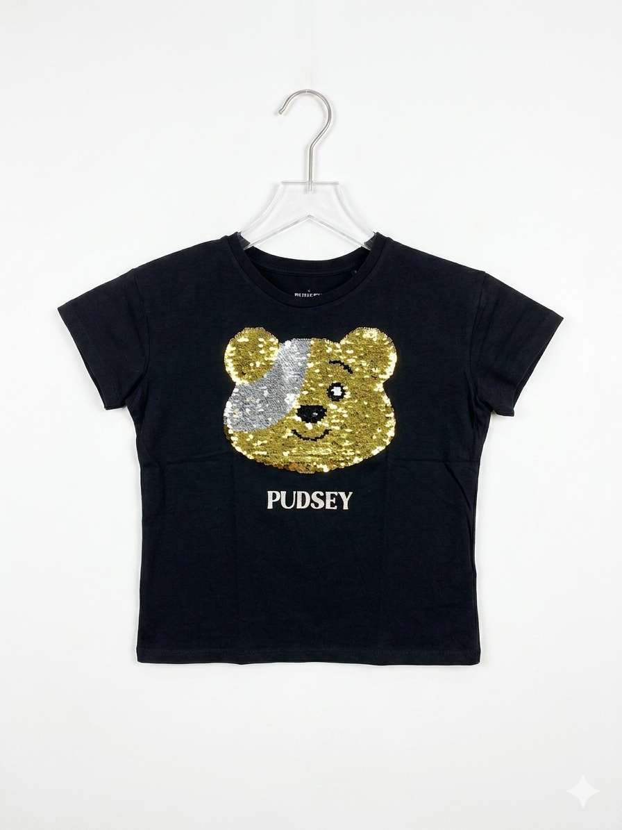 George Kids Black BBC Children In Need "Pudsey Bear" Sequin Tee - Size Estimated Age 9-10 Years AB1