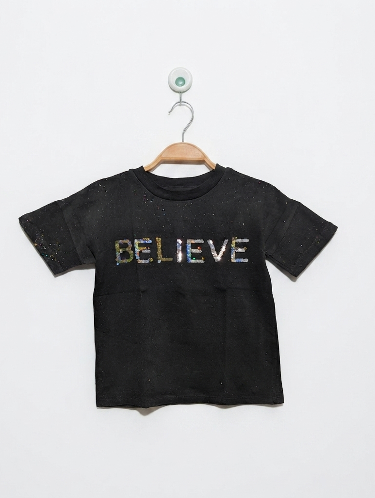 Nutmeg Girls Black "BELIEVE" Sparkle Tee - Size 7-8 Years (Estimated Age 7-8 Years) AB2