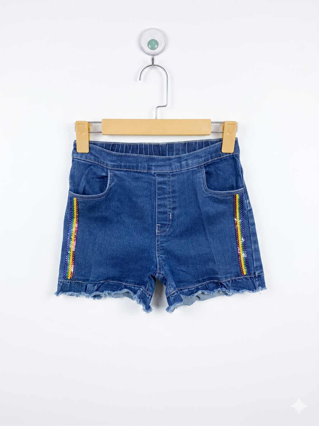 365 Kids from Garanimals Girls Dark Wash Denim Shorts with Rainbow Sequin Side Stripes - Size Estimated Age 10 Years AB1