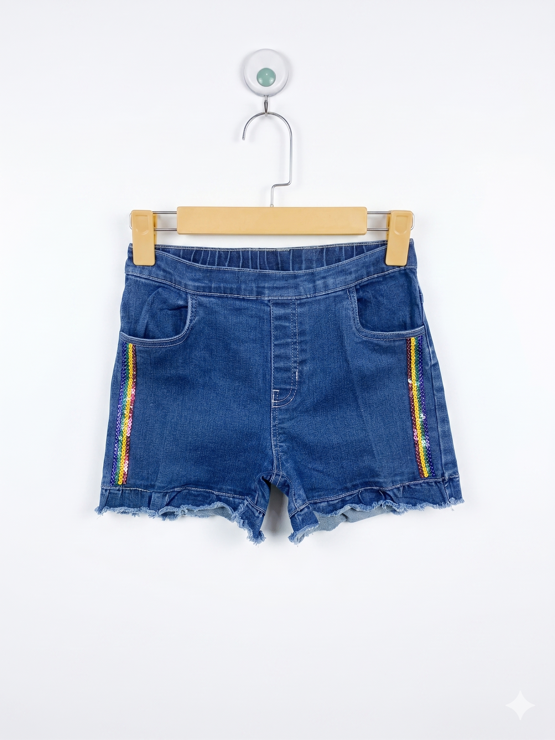 365 Kids from Garanimals Girls Dark Wash Denim Shorts with Rainbow Sequin Side Stripes - Size Estimated Age 10 Years AB1