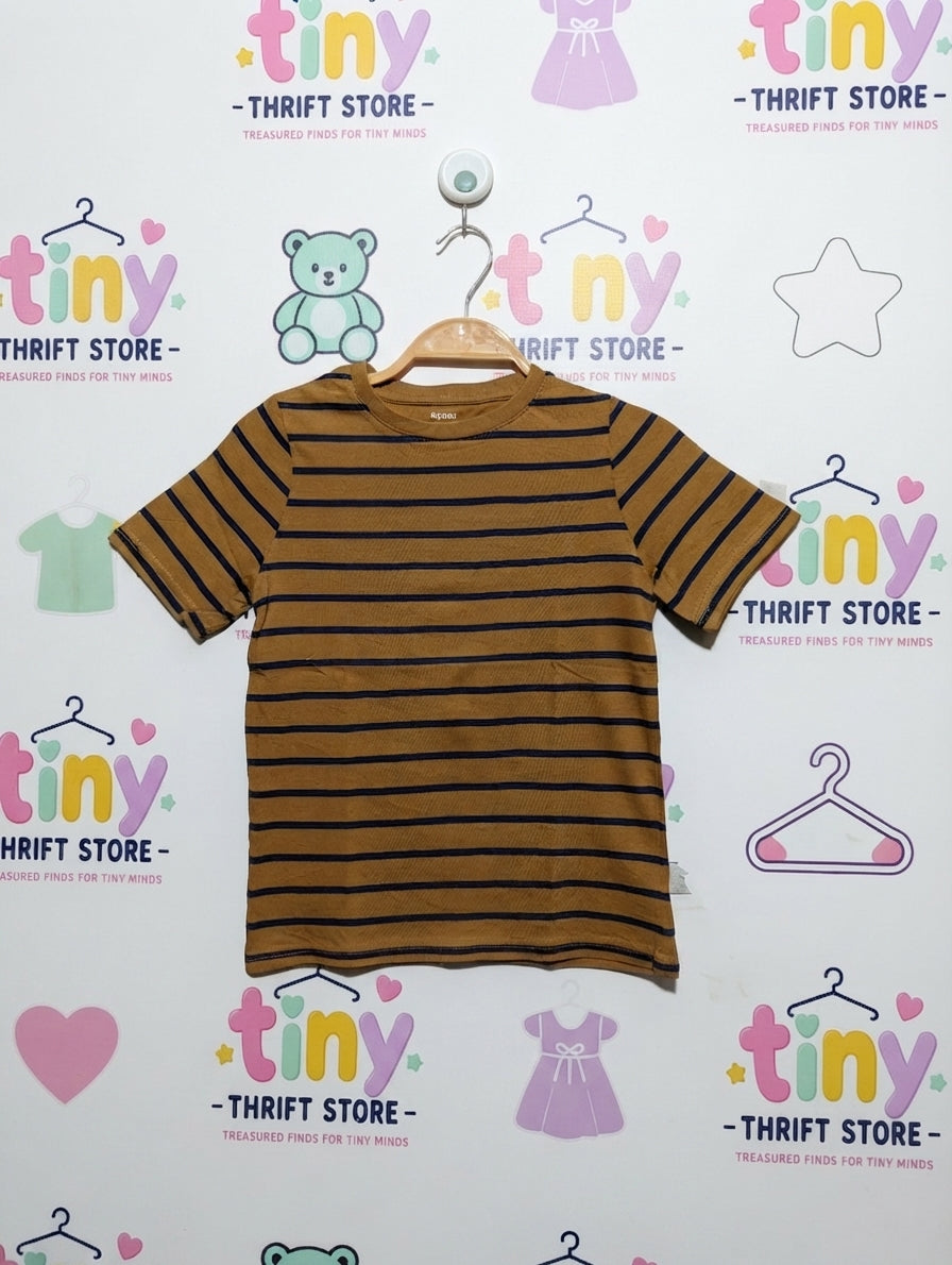 Kiabi Boys Mustard Brown & Navy Striped Short Sleeve Tee - Size Estimated Age 8 Years AB2