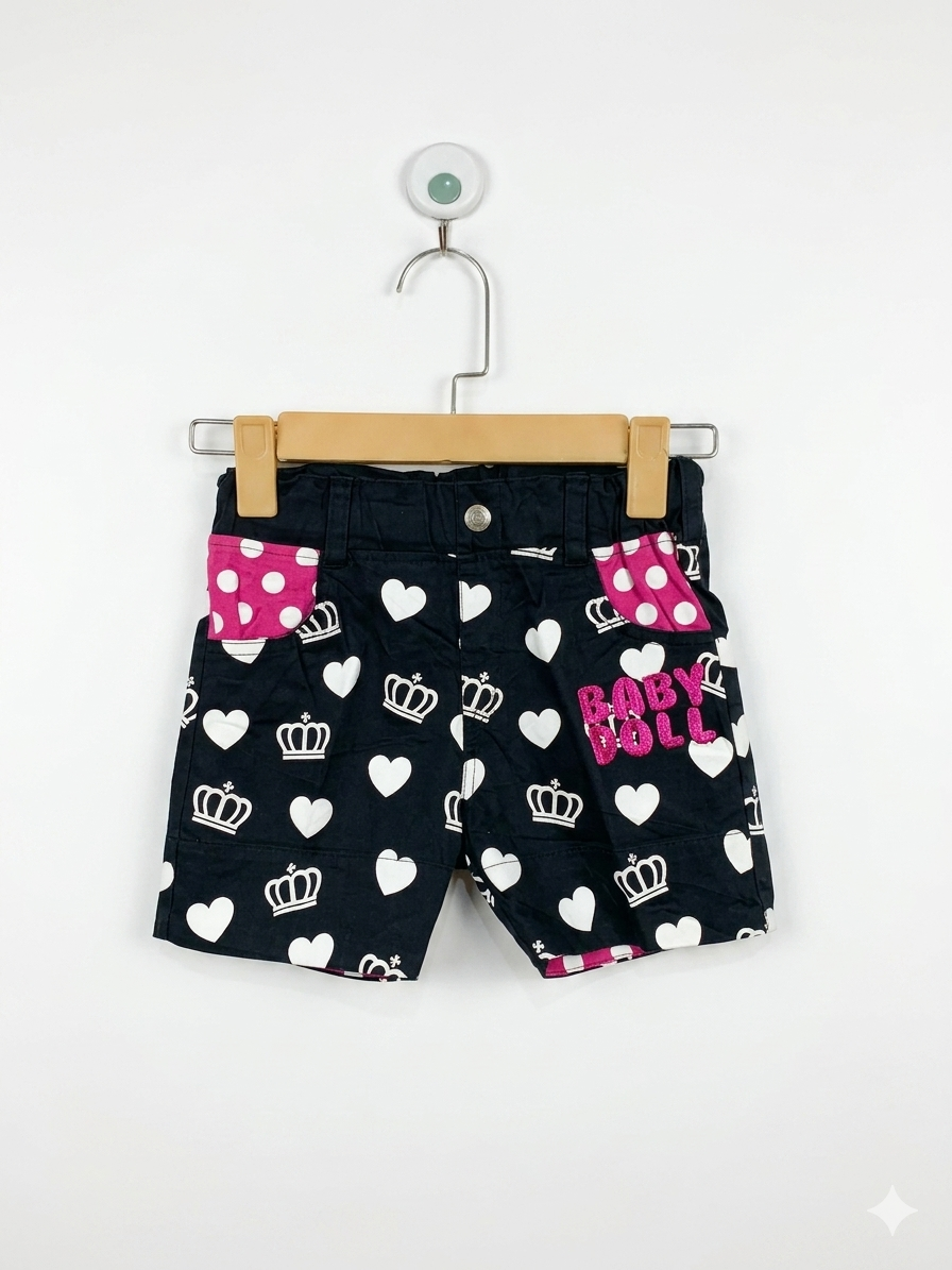 Baby Doll Kids Black Hearts & Crowns Graphic Shorts - Size Estimated Age 6–7 Years AB1