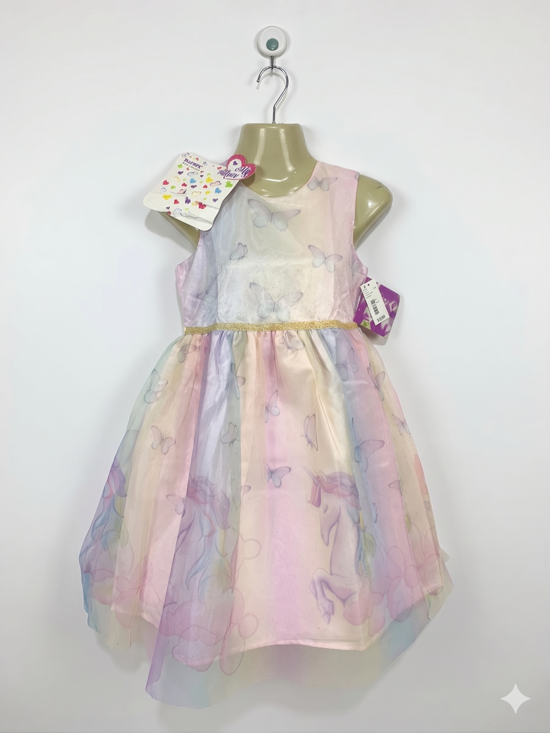 Blueberi Boulevard Girls Multi-Color Pastel Unicorn & Butterfly Tulle Dress - Size 10 AB1