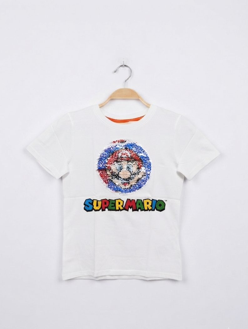 H&M Boys White "Super Mario" Reversible Sequin T-Shirt - Size 6-8 Years, Estimated Age 7 Years AB2