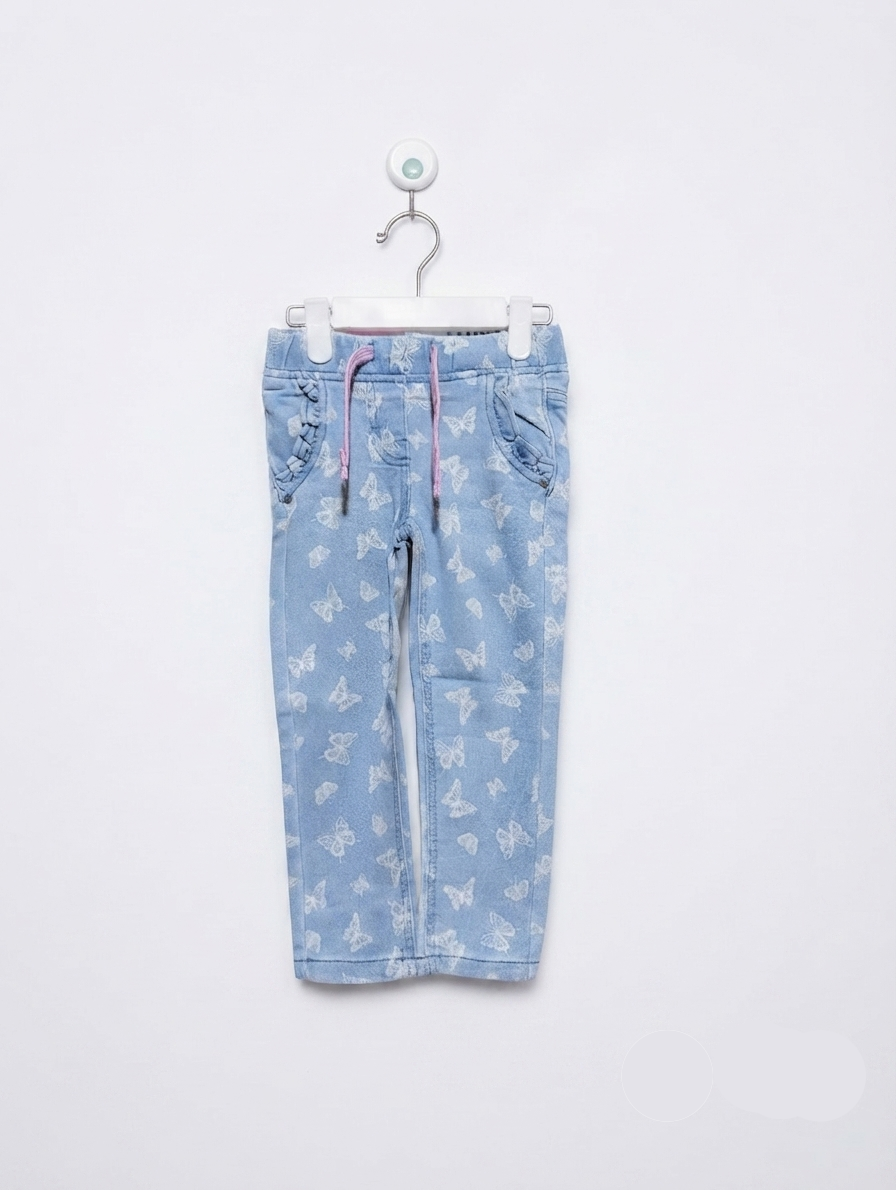 Poco Piano Girls Light Blue Butterfly Print Denim-Look Trousers - Size 98 Estimated Age 3 Years AB2